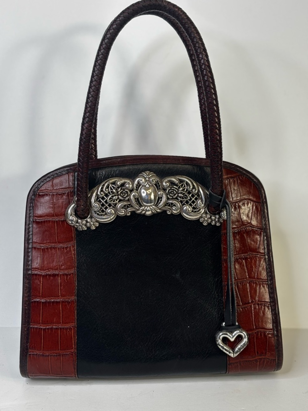 Brighton Vintage Brighton Black Brown Croc Embossed Leather Handbag